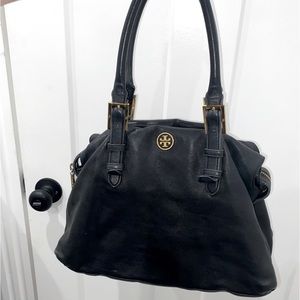 Tory Burch Black Leather Satchel Gold Logo